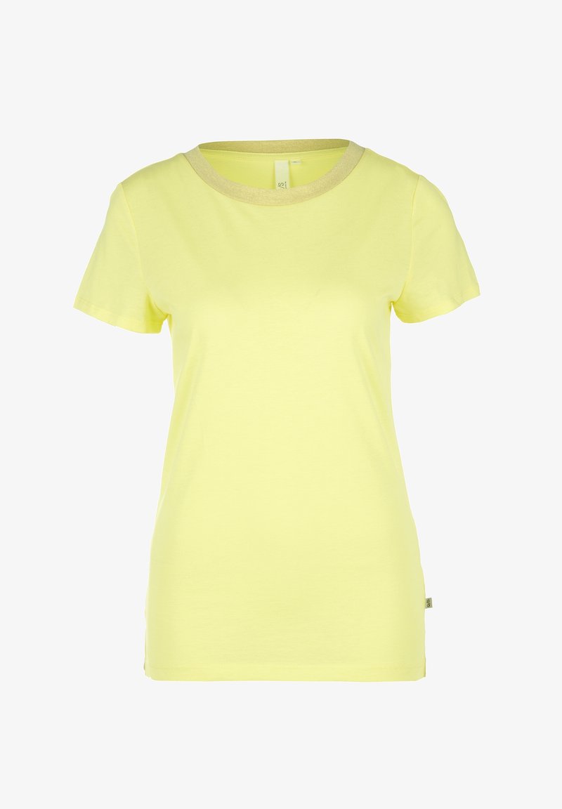 T-shirt jaune à manches courtes avec col rond et une bande de col jaune légèrement plus foncée, présenté sur fond blanc.