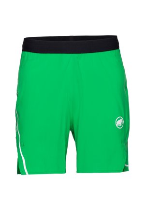 Hellgrüne sportliche Shorts mit schwarzem Bund, weißen Akzentlinien an den Seiten und einem kleinen weißen Mammut-Logo am rechten Bein.