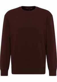 Vínová mikina s kulatým výstřihem vyrobená z měkké tkaniny, s ribbovaným límcem a manžetami, volného střihu a minimalistickým designem.