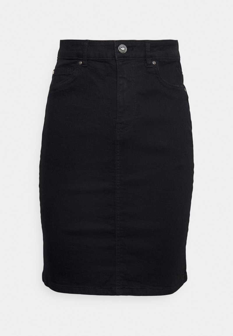 Svart denimkjol med rakt skuren silhuett. Har knäppning fram med knappar, fem fickor och diskreta sömmar.