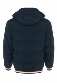 Navyblaue Daunenjacke mit Kapuze, mit gesteppten Abschnitten, gerippten Bündchen und einem gestreiften Saum. Glatte Textur ohne sichtbare Muster.