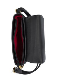 Sac en cuir noir avec texture granuleuse, doté d'un intérieur rouge. Comprend une fermeture à glissière et une bandoulière réglable pour des options de transport polyvalentes.