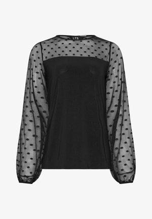 Zwarte top met een solide lijfje en doorschijnende mouwen met stippen, voorzien van een ronde halslijn en elastische manchetten. Lichtgewicht stof.