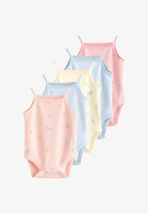 Öt pasztellszínű babahálóing vékony pántokkal, apró állat- és gyümölcsmintákkal rózsaszín, kék, sárga és világoskék árnyalatokban.