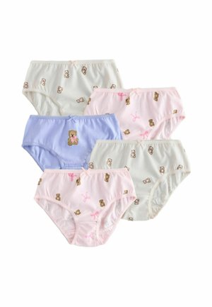 Kuu kangast kuus tüdrukute aluspüksid pastelltoonides, millel on karu- ja lipsutrükid, igaühel väike dekoratiivne lips vöörihma kohal.
