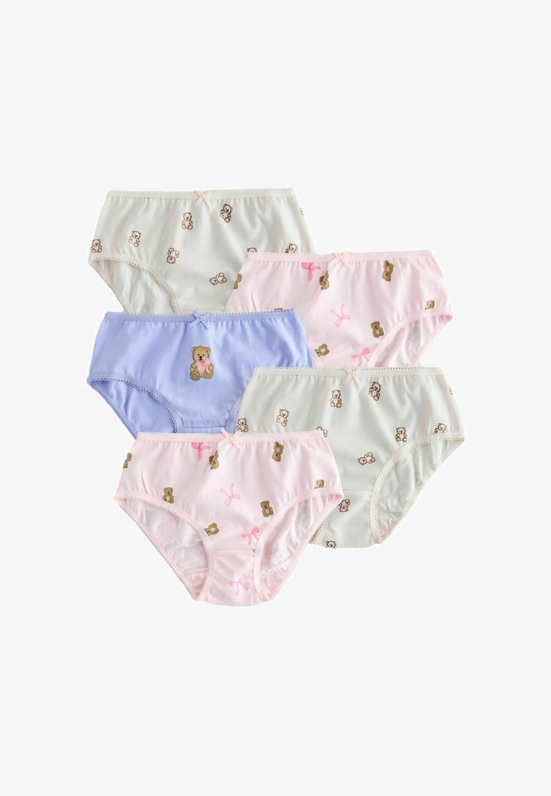 Six culottes pour filles en coton aux couleurs pastel, ornées d'imprimés d'ours en peluche et de nœuds, chacune décorée d'un petit nœud décoratif à la taille.