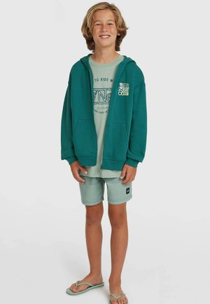 Sinine lukuga dressipluus kahe eesmiste taskuga, kanda rohelise graafilise t-särgi peal, sobitada heledate roheliste lühikeste pükste ja varbavaheplätudega.