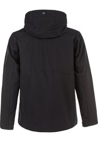 Giacca impermeabile nera con cappuccio, caratterizzata da una texture liscia, maniche lunghe e un design semplice. Include cuciture sulle spalle e dettagli sulla schiena.