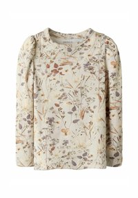 Langärmliges Oberteil aus geripptem Stoff, mit einem Blumenmuster in sanften Tönen von Creme, Braun und Lila. Beinhaltet geraffte Ärmel-Details.