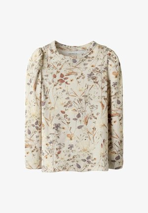 Langärmliges Oberteil aus geripptem Stoff, mit einem Blumenmuster in sanften Tönen von Creme, Braun und Lila. Beinhaltet geraffte Ärmel-Details.