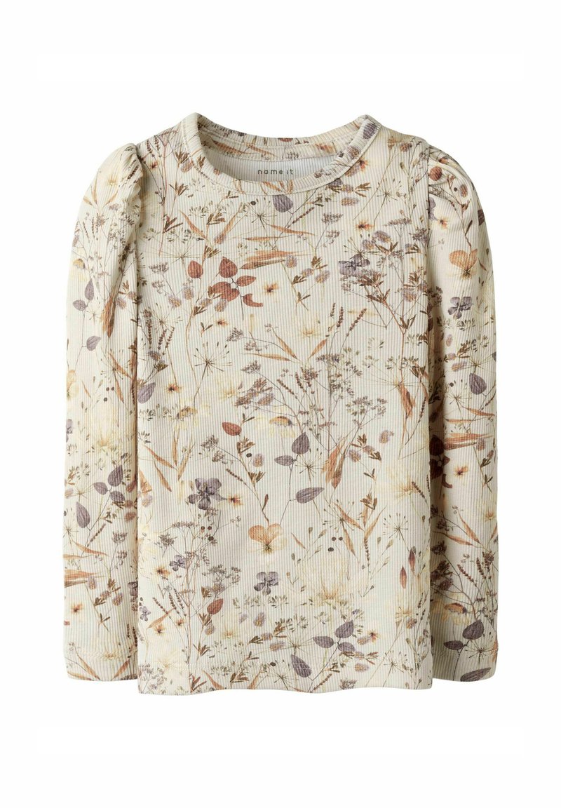 Langärmliges Oberteil aus geripptem Stoff, mit einem Blumenmuster in sanften Tönen von Creme, Braun und Lila. Beinhaltet geraffte Ärmel-Details.