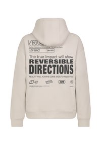Beige pullover hoodie featuring a drawstring hood, ribbed cuffs, and a print on the back with text, logos, and graphic elements in black.