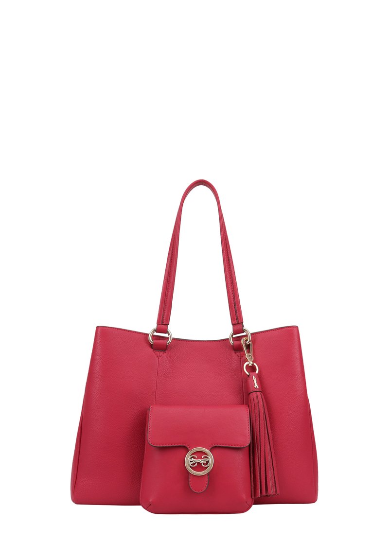 Rode leren tote bag met twee handvatten, een afneembare kleinere tas en een kwastje als accent. Glad oppervlak en details van goudkleurig beslag.