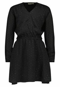 Černé šaty s výstřihem do V, dlouhými rukávy a elastickým pasem. Vyrobeny z lehké látky s texturovaným tečkovaným vzorem.