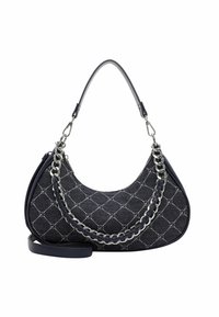 Borsa hobo in denim blu con un motivo a diamante. Presenta dettagli in catena argentata e una tracolla in pelle liscia, con una tracolla rimovibile.
