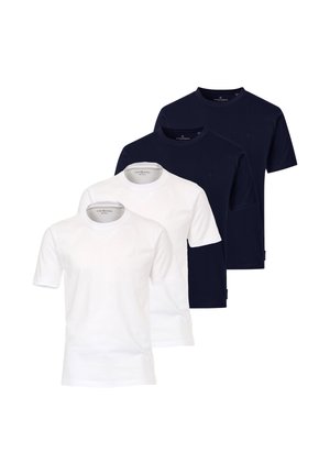 To hvide og to marineblå T-shirts med korte ærmer og rund hals, pænt arrangeret i vekslende farver på en hvid baggrund.