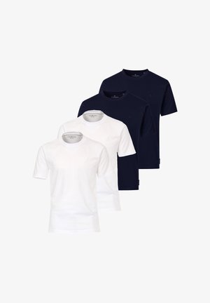 Twee witte en twee marineblauwe T-shirts met korte mouwen en ronde hals, netjes gerangschikt in afwisselende kleuren op een witte achtergrond.