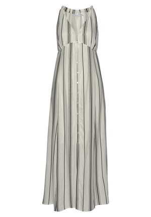 Sukienka maxi z lekkiego materiału z pionowymi czarnymi paskami na kremowym tle, z dekoltem w kształcie litery V, zapinana na guziki, z marszczonym kołnierzem.