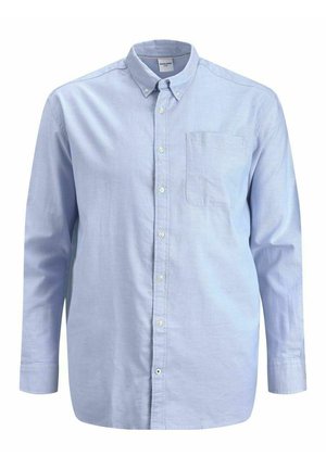 Light blue long-sleeve button-up shirt, cotton material, featuring a chest pocket, white buttons, and a classic collar design.