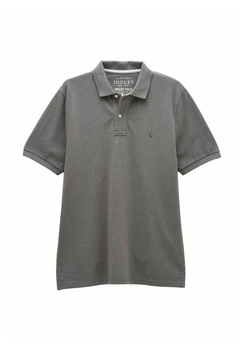 Hall halli lühikeste varrukatega polo-särk kraega, kahe valge nööbiga ja väikese tikandiga logoga rinnal, lamades valgel taustal.