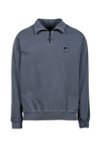 Grå sweatshirt med lynlås i halsen lavet af blødt stof. Har ribbet nederkant og manchetter, samt et lille elefantlogo på venstre bryst.