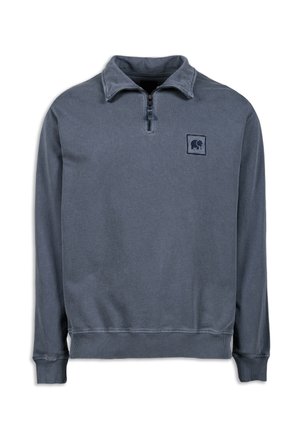 Sweatshirt gris à col zippé en tissu doux. Présente un ourlet et des poignets côtelés, avec un petit logo d'éléphant sur la poitrine gauche.