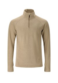 Beige halv-zip trøje med lange ærmer, der har en glat tekstur og raglanærmer. Subtile stikningsdetaljer pryder designet.