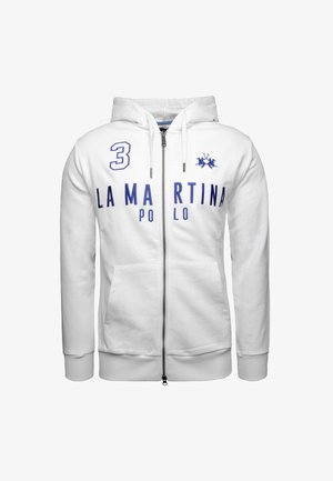 Sweat à zip blanc avec motif brodé bleu "LA MARTINA POLO" et le numéro "3", équipé de deux poches avant et d'une capuche avec cordon.