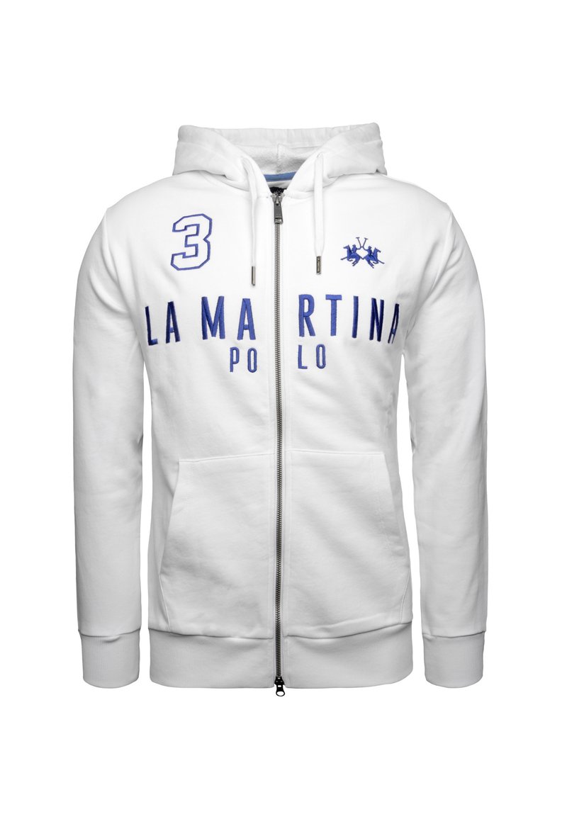 Sudadera blanca con cremallera que presenta el texto bordado en azul "LA MARTINA POLO" y el número "3", con dos bolsillos frontales y capucha con cordón.