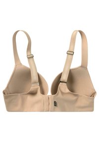 Reggiseno beige con coppe morbide e imbottite, spalline regolabili e una texture liscia. Presenta una chiusura con gancio e occhiello e un'etichetta con un logo discreto.