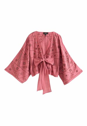 Pink gekürzte Bluse mit weiten Ärmeln, Blumenstickerei, Nietendetails und großer vorderer Schleife.