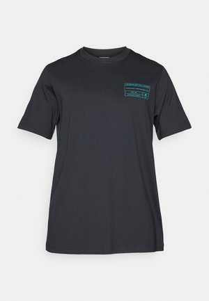 Black cotton t-shirt with short sleeves, round neckline, and a teal printed graphic on the upper left chest area. Smooth texture.