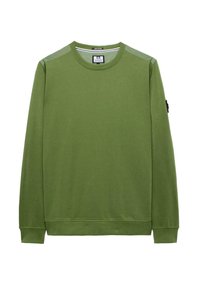 Green crewneck sweatshirt made of soft cotton. Features a smooth texture, long sleeves, and a logo patch on the left sleeve.