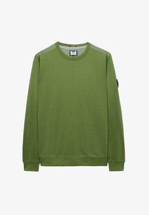 Roheline crewneck-sweater, mis on valmistatud pehmest puuvillast. Omab sujuvat tekstuuri, pikki varrukaid ja logo paika vasakul varrukal.