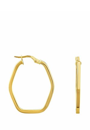 Orecchini a cerchio esagonali in tono oro, con una superficie liscia e una chiusura a moschettone. Il design è geometrico con bordi stondati.