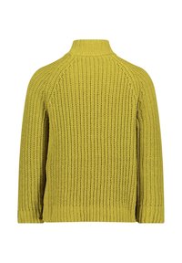 Gelber Strickpullover mit hohem Kragen, gerippter Textur und Raglanärmeln. Verfügt über eine lockere Passform und keine sichtbaren Verschlüsse.