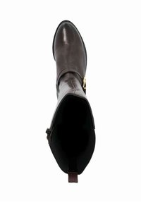 Brown leather ankle boot with a smooth finish, rounded toe, side zipper, and a flexible sole. Interior is black with a small loop at the heel.