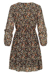 Floral dress with long, puffed sleeves; black background with white, orange, and green flowers; fitted waist and tiered hem.
