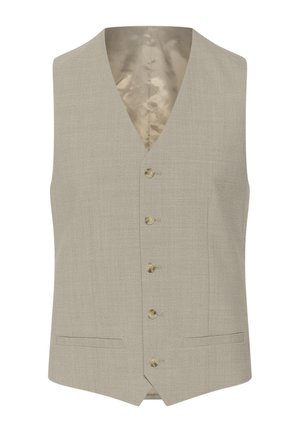 Béžová vesta s výstrihom do V, piatimi gombíkmi a dvoma prednými vreckami. Textúrovaná tkanina s hladkým saténovým podšívkou.