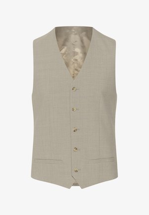 Béžová vesta s výstrihom do V, piatimi gombíkmi a dvoma prednými vreckami. Textúrovaná tkanina s hladkým saténovým podšívkou.