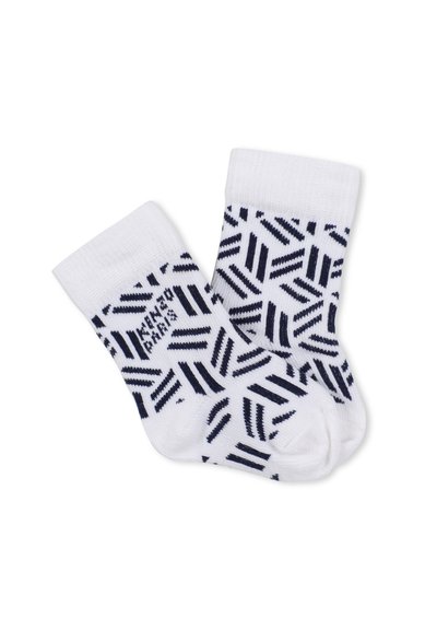 Calze in cotone bianco con motivo a zigzag blu navy, dotate di polsini a costine e con "FRANCO FURI" stampato di lato. Design morbido e leggero.
