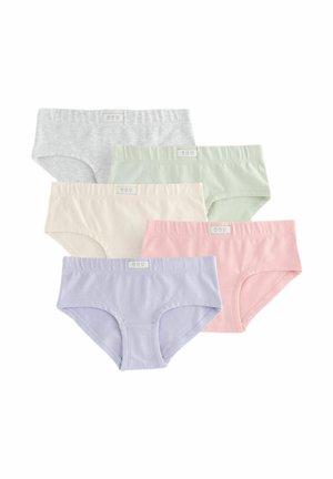 Fünf Paare Damen Baumwollslips in Hellgrau, Grün, Creme, Rosa und Lavendel, ausgestattet mit einem weichen Stoff und einem elastischen Bund.