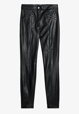 Pantaloni in pelle nera con design aderente, due tasche frontali con cerniera e una texture liscia con finitura lucida.