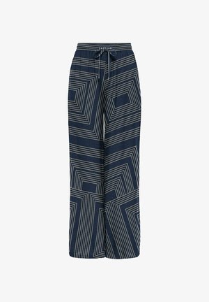 Námornícke široké nohavice s geometrickým vzorom bielych pruhov a štvorcov, vyrobené z mäkkej látky s nastaviteľným pásom na šnúrku.