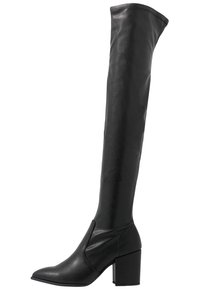 Black over-the-knee boots made of faux leather, featuring a square toe, block heel, and a smooth texture. Minimalist design with no visible hardware.