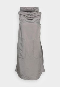 Vestido gris sin mangas con cuello alto, cordón ajustable, dos grandes bolsillos frontales y corte recto. Fabricado con tela suave y ligera.