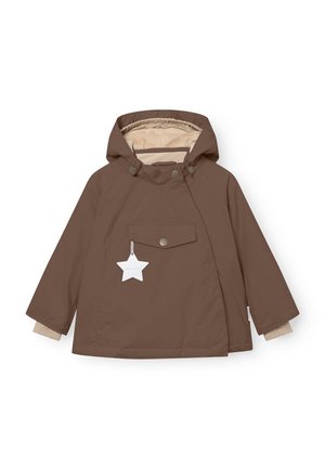 Braune wasserdichte Jacke mit Kapuze, cremefarbener Fütterung, Fronttasche und einem sternförmigen Anhänger. Verfügt über Druckknöpfe und kontrastierende Bündchen.