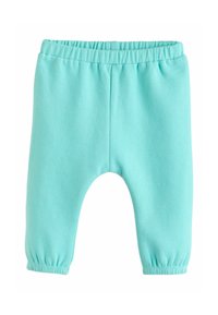 Turkoosit collegehousut, joissa on pehmeä tekstuuri, joustava vyötärönauha ja kerätyt resorit, varustettu mukavuutta ja liikkuvuutta varten lasketulla haarakiilalla.