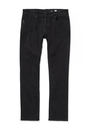 Black jeans made of denim, featuring a straight leg design, front pockets, and a button closure. Smooth texture with stitching details.