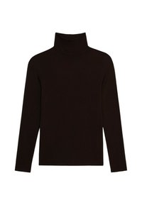 Maglione a collo alto nero con maniche lunghe, realizzato in tessuto a costine, con un design aderente e una superficie liscia.
